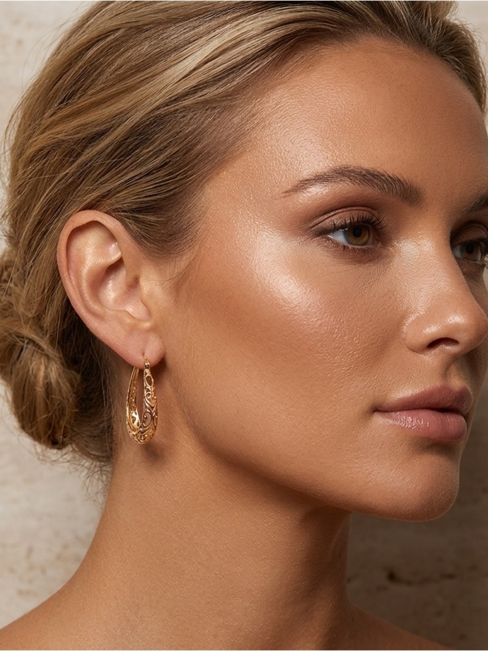 14k Gold Plated Filigree Teardrop Hoop Earrings New